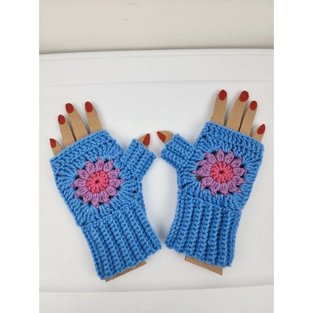 Brand New handmade blue crochet fingerless gloves purple pink flower